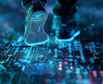 Digitaalista jalanjälkeä kuvaavat kengänpohjat hehkuvalla datapinnalla